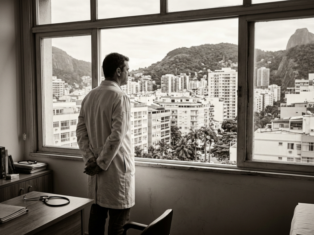 Marketing médico no Rio de Janeiro: médico de costas em consultório, olhando pela janela com vista da Zona Sul, contemplando carreira e reputação digital