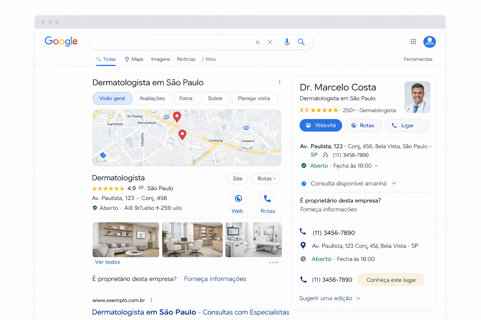 perfil de dermatologista no Google com avaliações, endereço e informações do consultório