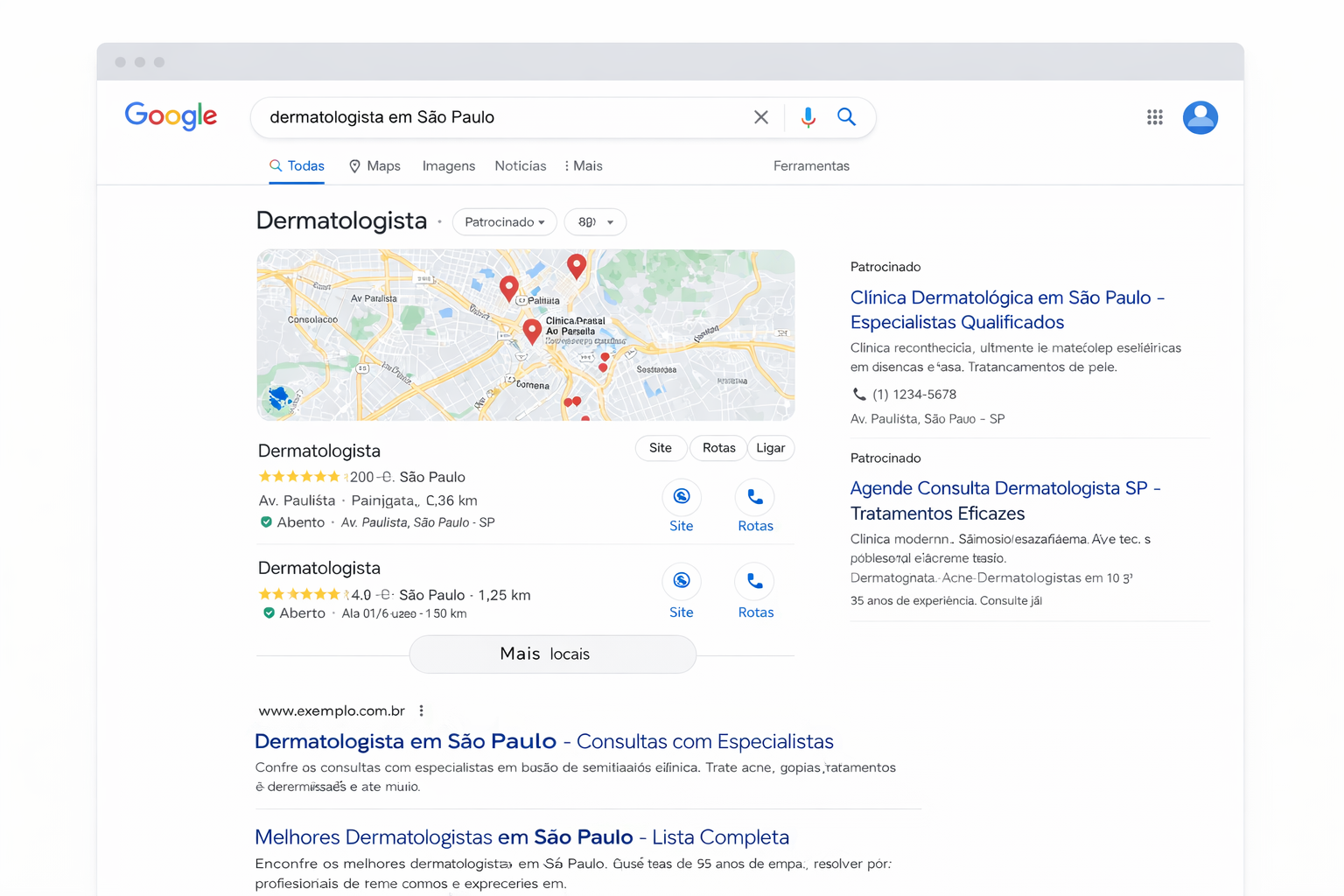 resultado de busca no Google para dermatologista em São Paulo com mapa, anúncios e resultados orgânicos
