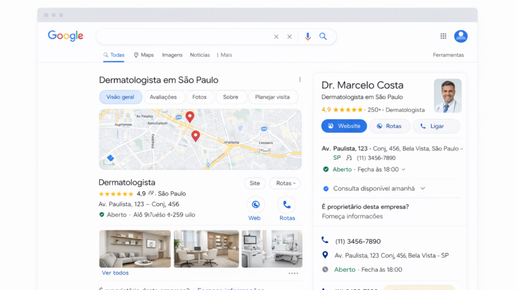 Print editorial de um perfil otimizado no Google Meu Negócio de um médico no Rio de Janeiro, mostrando foto profissional, avaliações, horários e botões de contato, conforme padrão recomendado pela DocMark