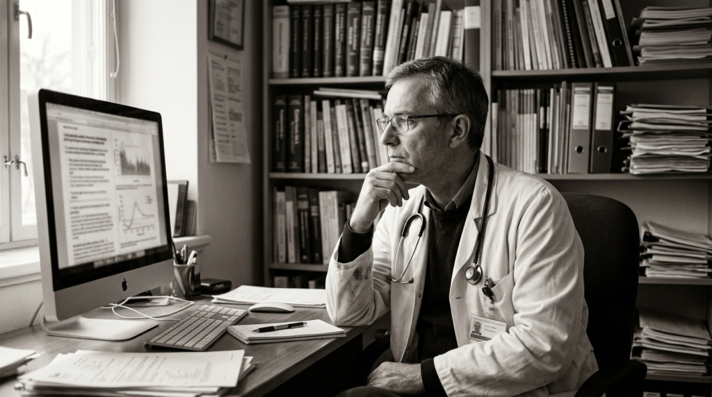 Médico em consultório no Rio de Janeiro diante de computador com texto na tela, expressão concentrada, refletindo sobre uso responsável de inteligência artificial na medicina