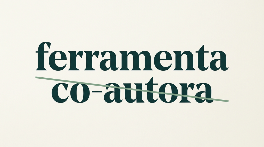 Tipografia editorial mostrando a palavra "ferramenta" em destaque e a expressão "co-autora" riscada por linha sage, representando o limite ético do uso da IA na medicina
