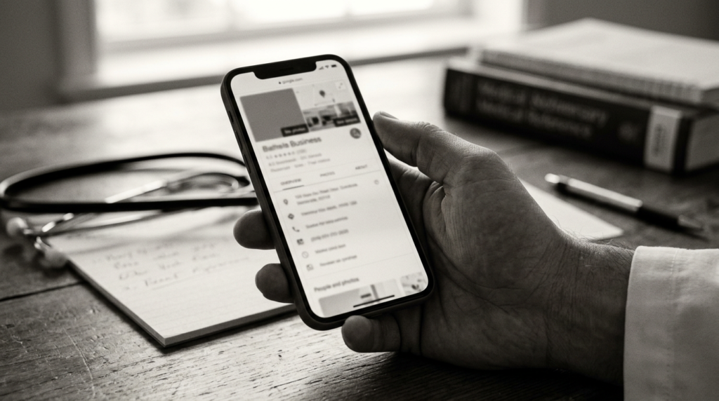 Detalhe documental em preto e branco de mão segurando celular com o perfil do Google Meu Negócio aberto, mostrando informações de um médico no Rio de Janeiro