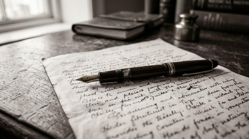Caneta-tinteiro sobre papel com texto manuscrito em fundo de mesa de consultório, fotografia documental em preto e branco com tom quente, simbolizando autoria humana e responsabilidade médica final