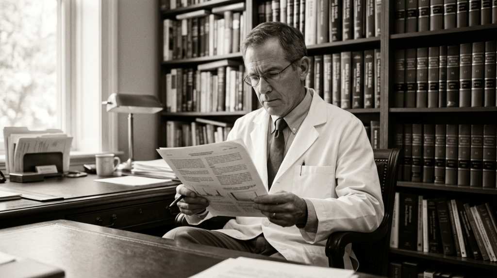 Médico em sala de estudo lendo documento impresso da Resolução CFM 2.336/2023 sobre marketing médico, fotografia editorial em preto e branco com tom quente