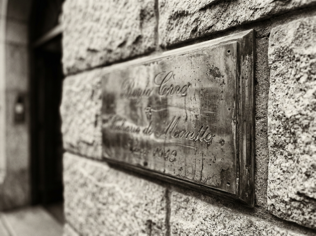 Placa metálica gravada de consultório médico em fachada de prédio residencial na Zona Sul do Rio de Janeiro, simbolizando permanência, tradição e credibilidade silenciosa