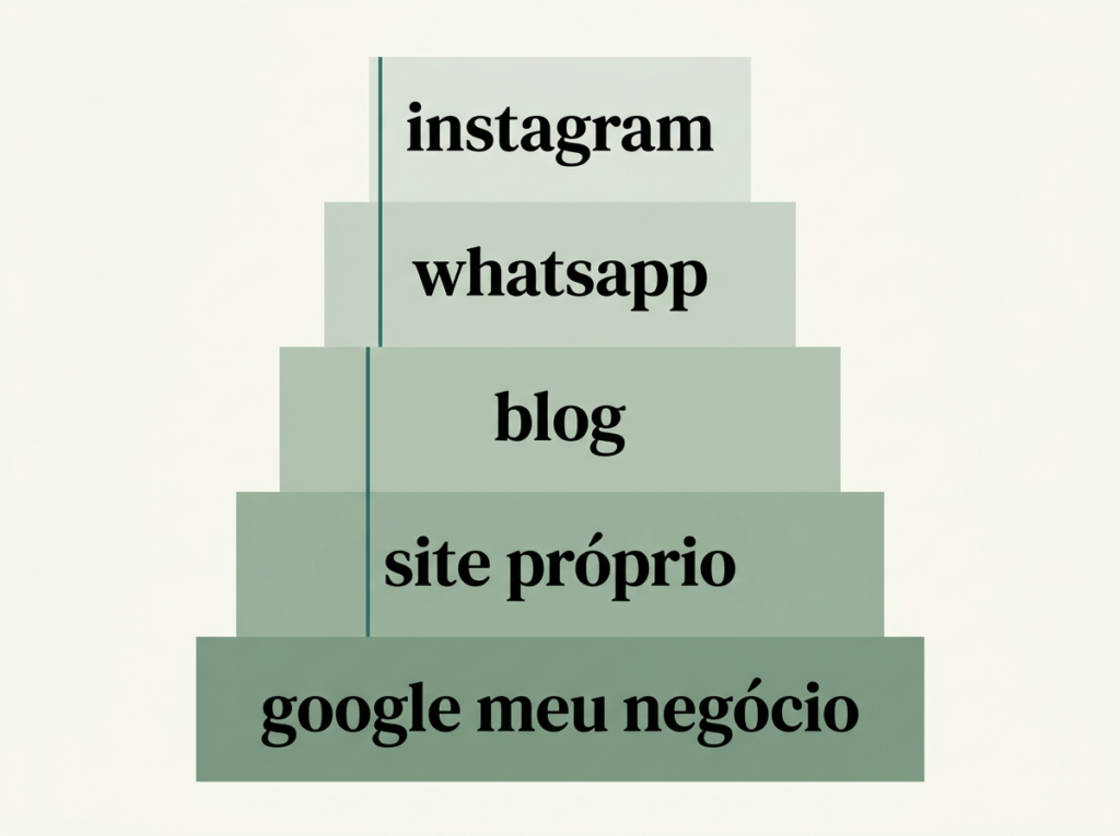 Infográfico editorial em verde sage e creme mostrando a hierarquia dos cinco canais digitais para médicos no Rio de Janeiro: Google Meu Negócio, site próprio, blog, WhatsApp e Instagram