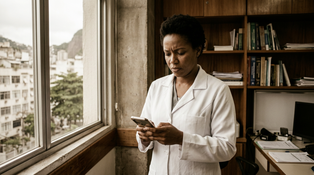 Médico no Rio de Janeiro segurando celular com tela do Google aberta no perfil profissional, fotografia editorial em preto e branco com tom quente