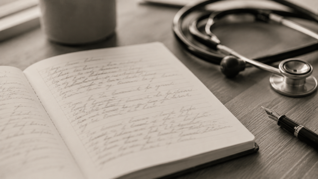 Detalhe editorial em preto e branco de caderno aberto sobre mesa de consultório com anotação clínica manuscrita em caneta tinteiro, simbolizando o registro técnico da consulta bem conduzida