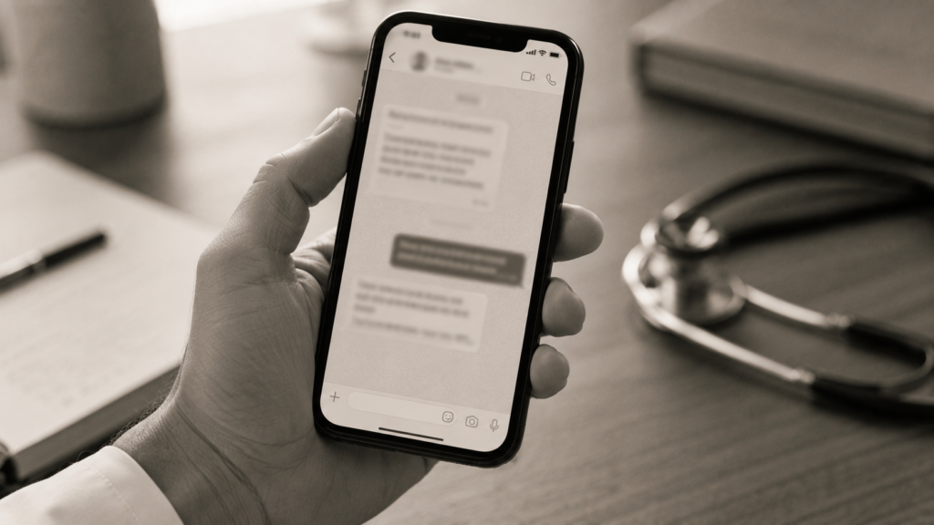 Detalhe documental em preto e branco de tela de celular mostrando mensagem de WhatsApp de pedido de avaliação enviada por consultório médico, simbolizando a comunicação ética após a consulta
