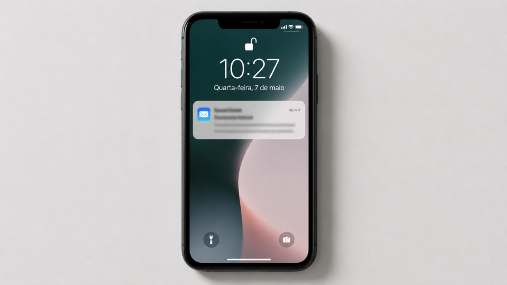 Mockup de notificação de e-mail em celular sugerindo intimação ou comunicado formal de conselho de medicina, simbolizando a consequência de erros de publicidade médica
