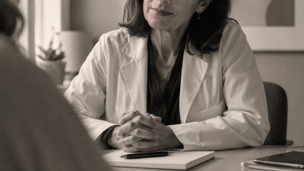 Cena documental editorial em preto e branco mostrando médico em postura de escuta atenta durante consulta, com foco no gesto das mãos sobre a mesa, simbolizando recepção da hipótese do paciente sem antagonizar nem confirmar