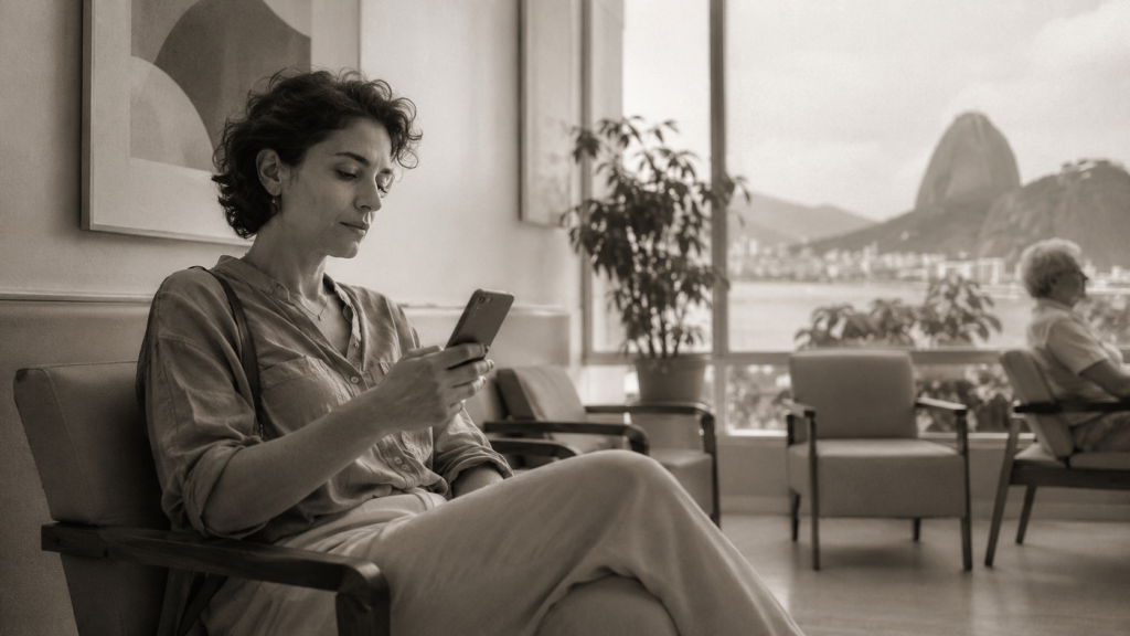 Paciente sentado em sala de espera de consultório médico no Rio de Janeiro com celular na mão, lendo notas sobre sintomas e hipóteses pesquisadas antes da consulta, fotografia editorial em preto e branco com tom quente