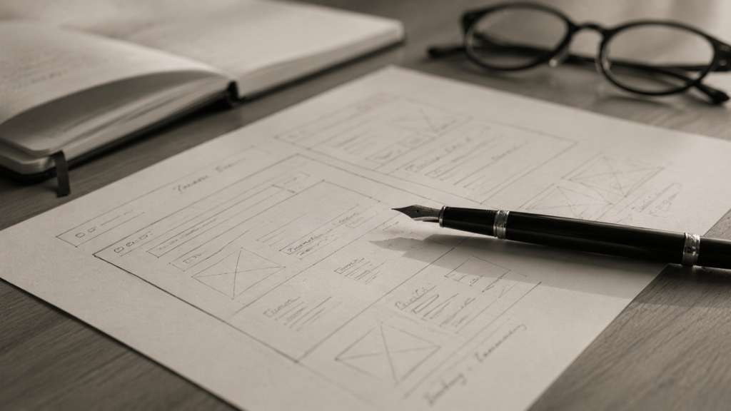 Detalhe editorial em preto e branco de caneta tinteiro sobre wireframe impresso de site médico em mesa de consultório, simbolizando o planejamento técnico e editorial do site para médico no Rio de Janeiro