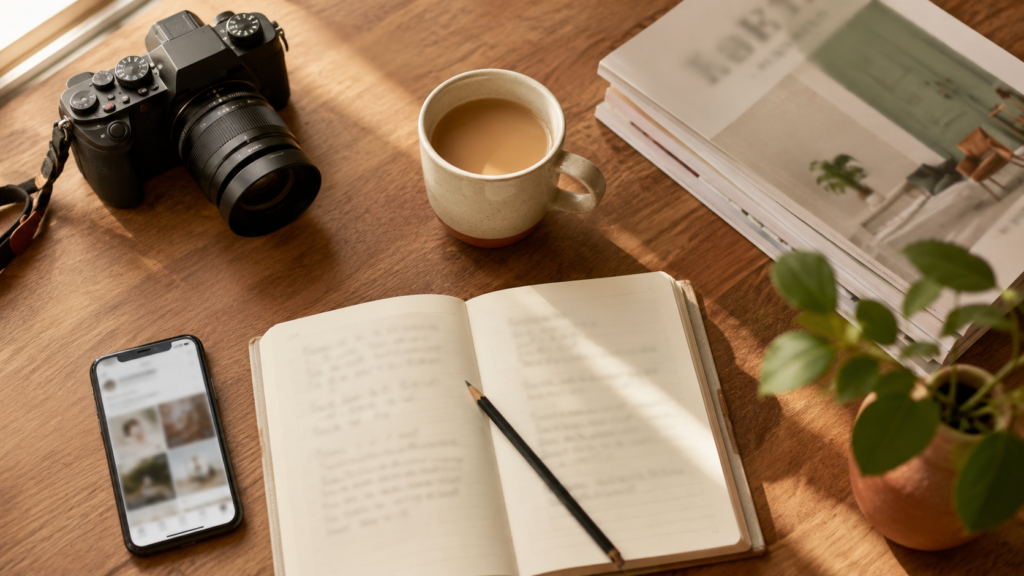 O que o médico pode postar: mesa de trabalho contemporânea com câmera, notebook aberto, cadernos de anotação e xícara de café, simbolizando o processo criativo ético de produção de conteúdo médico para redes sociais