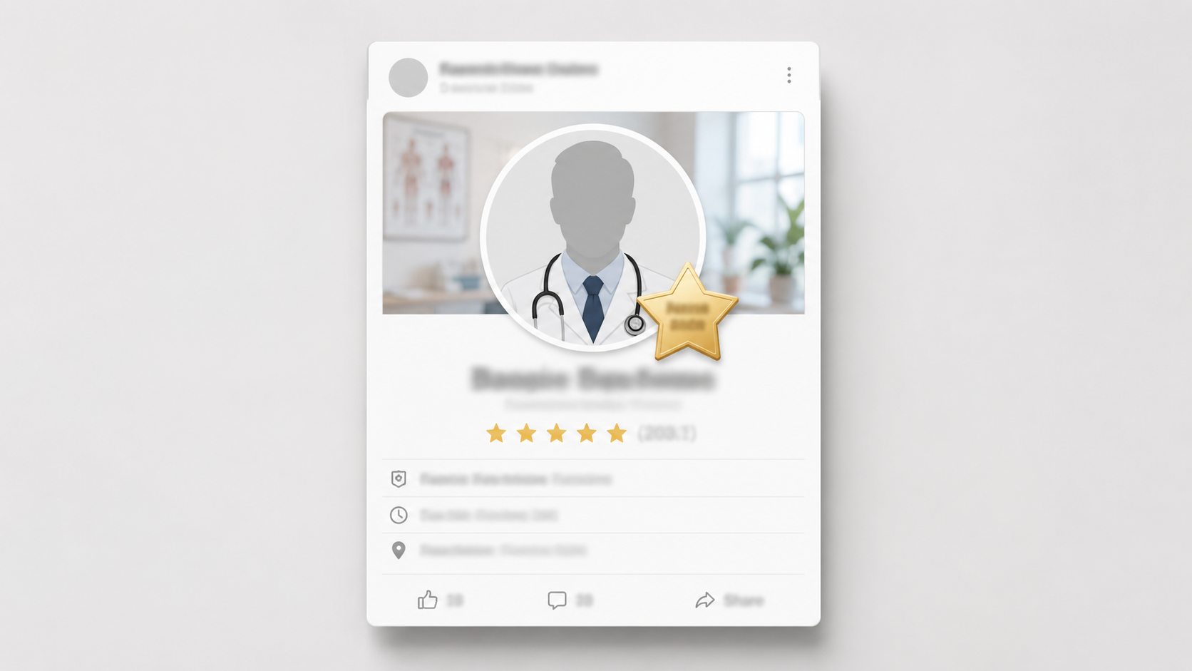 Mockup de post de médico em rede social com selo destacado de "melhor da cidade" e badge promocional, ilustrando o erro comum de ranking e autopromoção vedado pela Resolução CFM