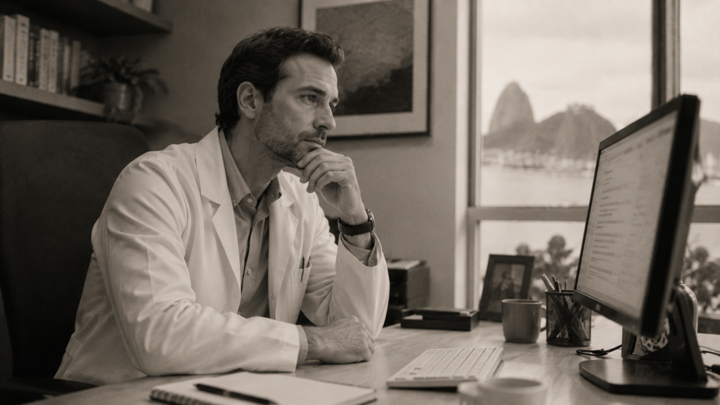Site para médico no Rio de Janeiro: médico examinando o próprio site no monitor do consultório com expressão analítica, fotografia editorial em preto e branco com tom quente