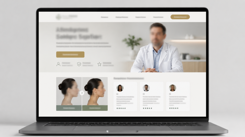 Mockup editorial de página de website médico com elementos que violam a Resolução CFM, incluindo botões de captação, promessa de resultado e depoimento de paciente identificado, exibida em tela de laptop

