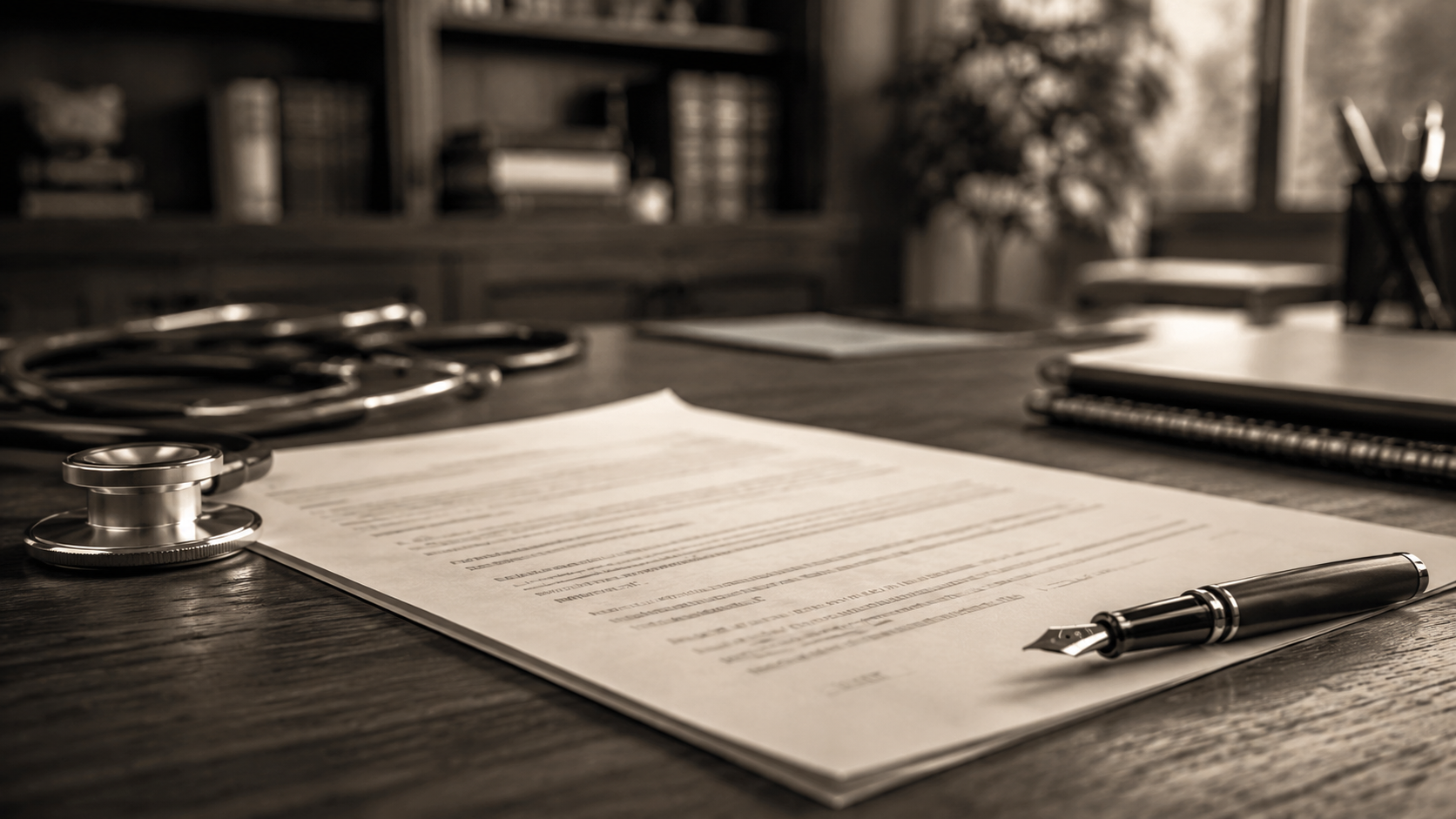 Cláusulas e critérios em contrato de agência de marketing médico Detalhe documental em preto e branco de contrato impresso sobre escrivaninha de consultório com caneta tinteiro de lado, simbolizando os critérios e cláusulas a observar em contrato de agência de marketing médico