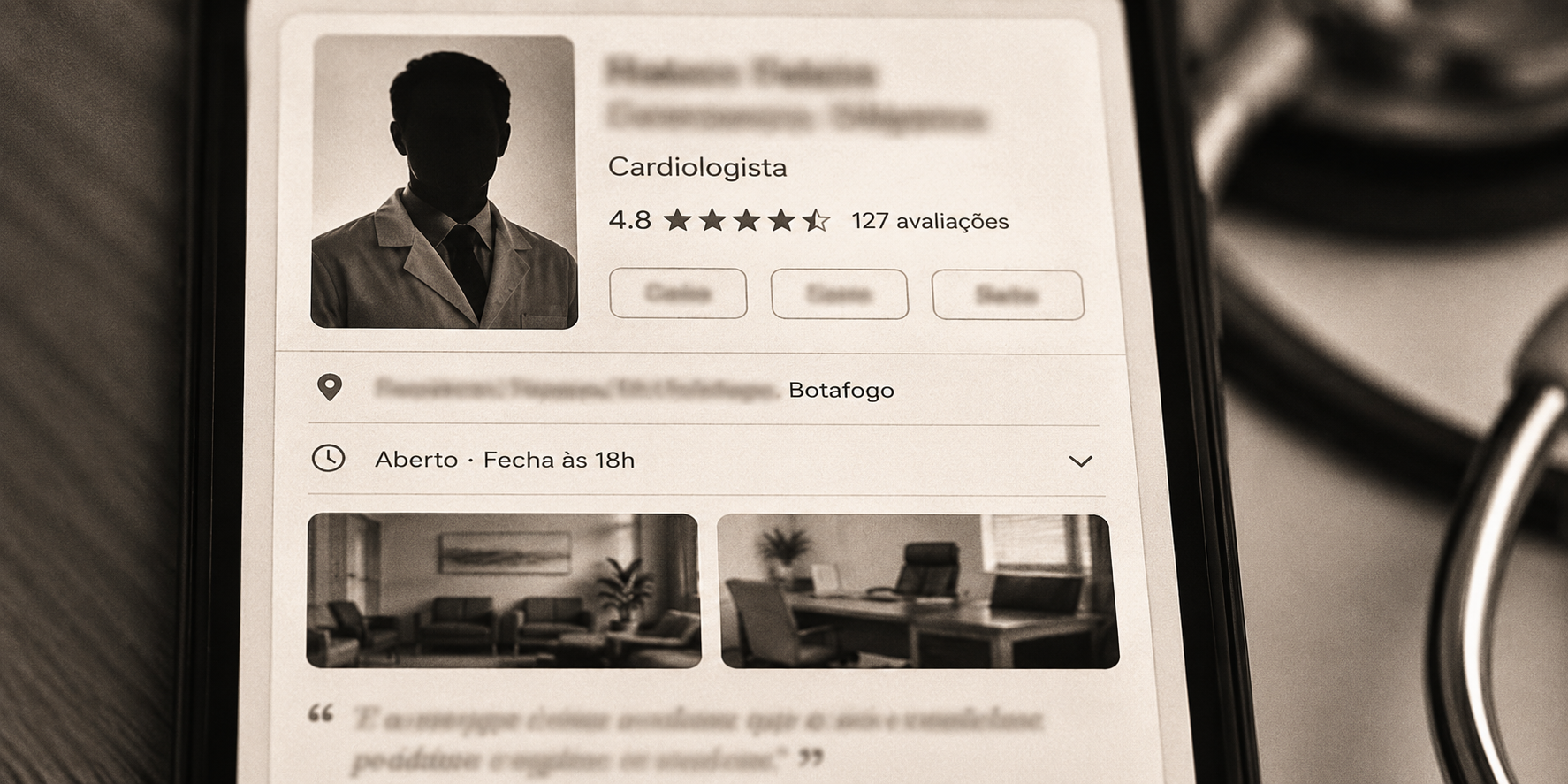 Detalhe ampliado do Knowledge Panel do Google de médico no Rio de Janeiro, mostrando foto, avaliações, horários, fotos e perguntas frequentes em estrutura editorial anonimizada