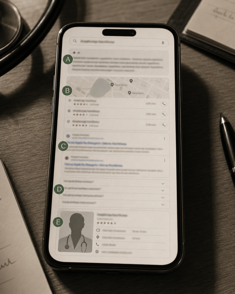 SEO local para médico no Rio de Janeiro: screenshot anonimizado de busca "cardiologista Botafogo" no Google em celular, com letras A, B, C, D, E sobrepostas marcando os 5 elementos da anatomia da busca local