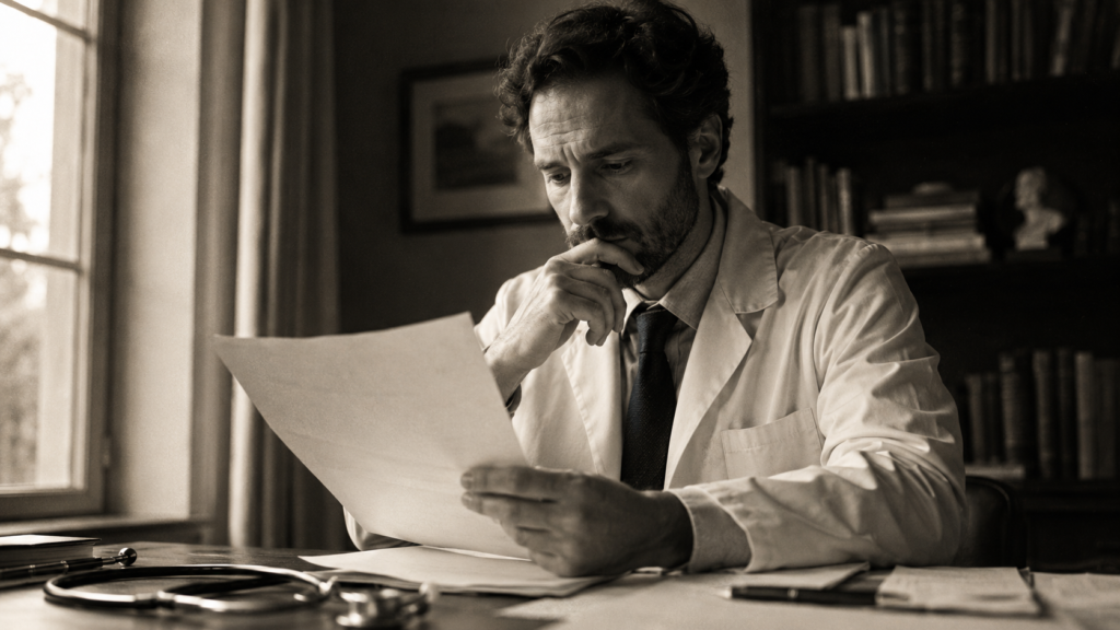 Médico no Rio de Janeiro analisando proposta de agência de marketing médico sobre escrivaninha de consultório, com expressão criteriosa, fotografia editorial em preto e branco com tom quente