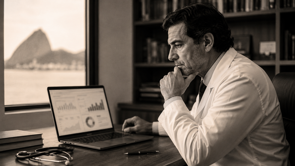 Google Ads para médico no Rio de Janeiro: médico analisando painel de anúncios em laptop no consultório com expressão criteriosa, fotografia editorial em preto e branco com tom quente